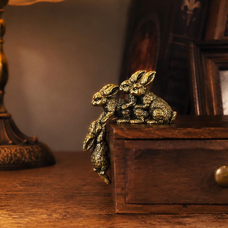 Solid Brass Loving Rabbit Family Figurine Four Bunnies Desk Decor Gift
