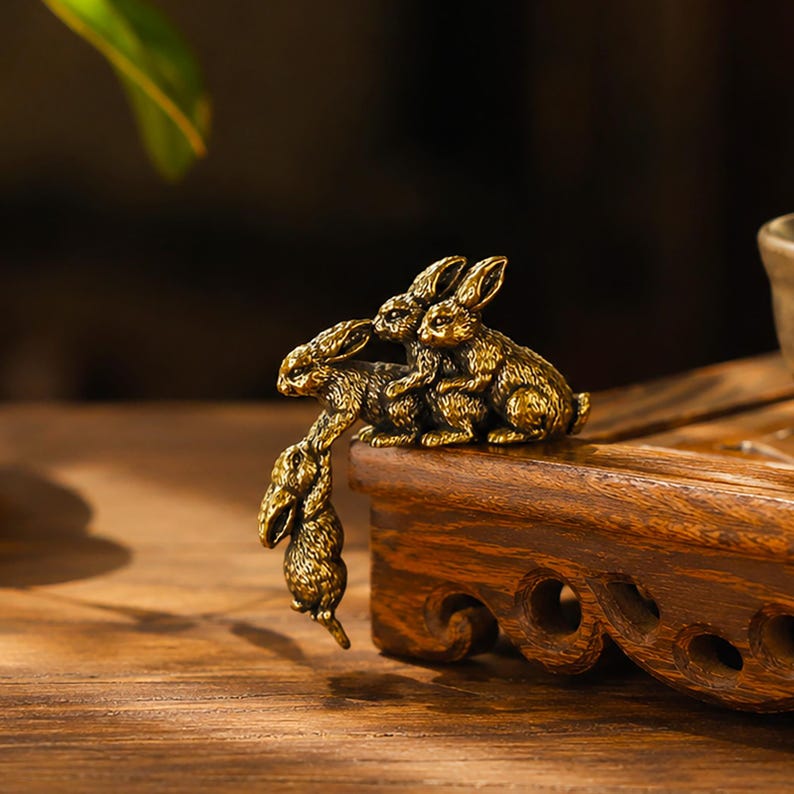 Solid Brass Loving Rabbit Family Figurine Four Bunnies Desk Decor Gift