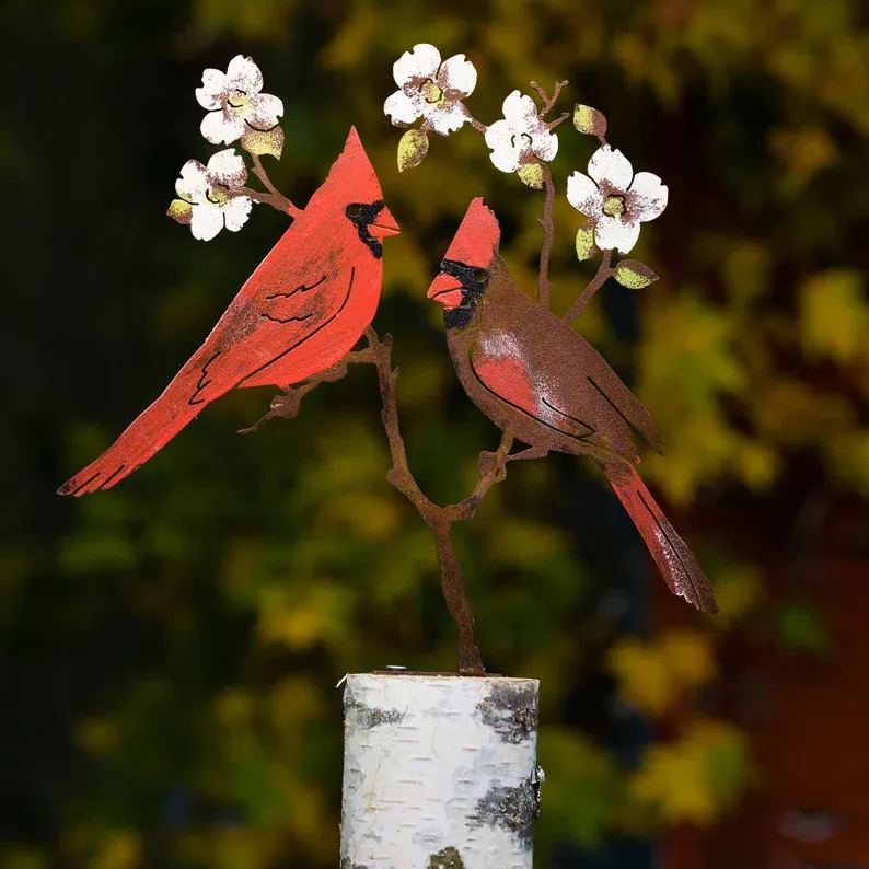 Cardinals on Flowering Dogwood Garden Art | Metal Hand Painted | Cardinal Silhouette
