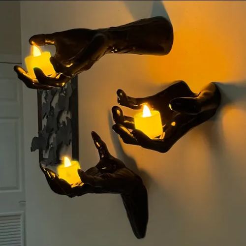Wall Mounted Horror Outstretched Hand | Comes with a Lit Candle | Wall Art Sculpture