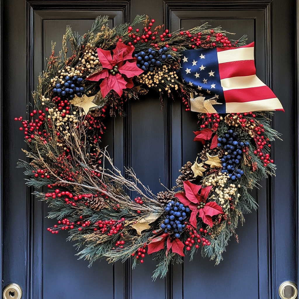 Handmade Winter American Flag Wreath | Front Door Decoration | Christmas Gift