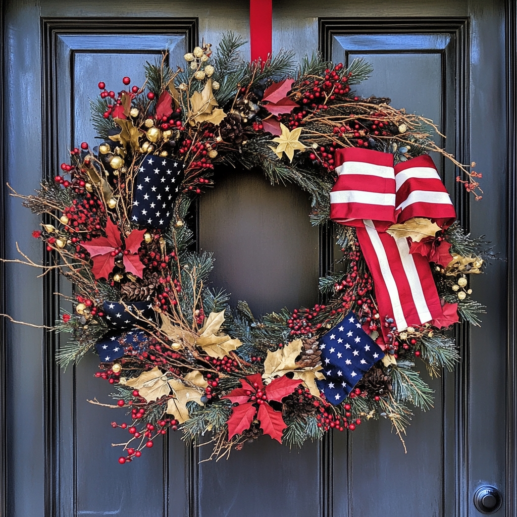 Handmade Winter American Flag Wreath | Front Door Decoration | Christmas Gift