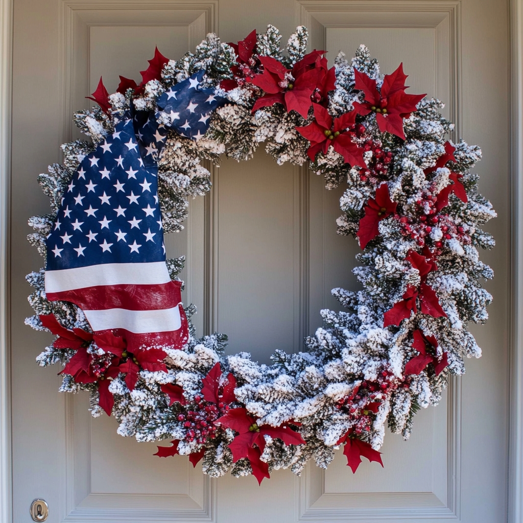 Handmade Winter American Flag Wreath | Front Door Decoration | Christmas Gift