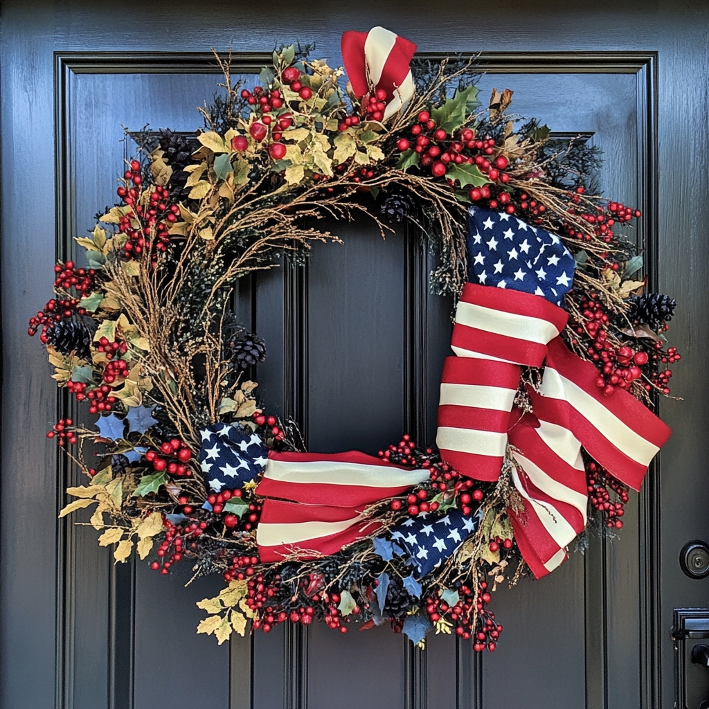 Handmade Winter American Flag Wreath | Front Door Decoration | Christmas Gift