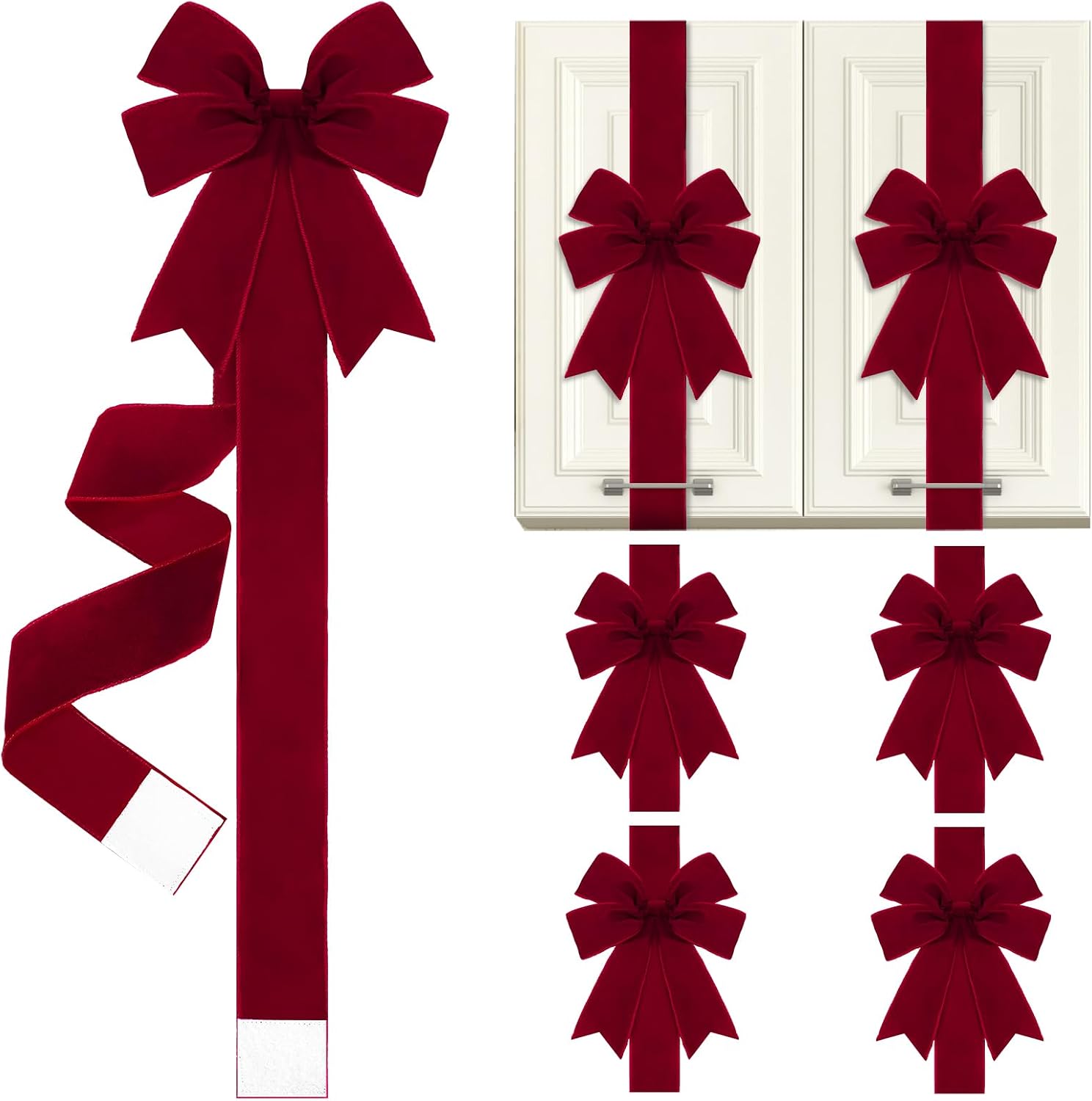 6 Pcs Burgundy Velvet Christmas Cabinet Bows Ribbons