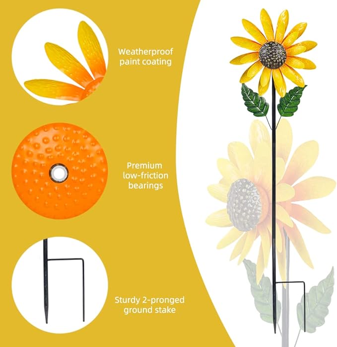 Sunflower Wind Spinner,46" Metal Wind Spinner with Stake, Wind Spinners for Yard and Garden Lawn Patio Decor