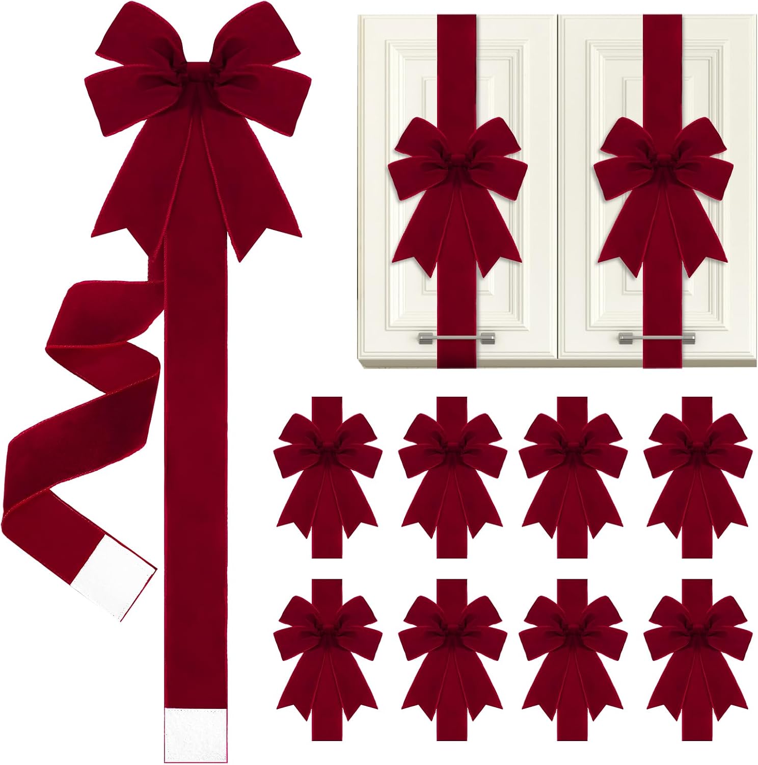6 Pcs Burgundy Velvet Christmas Cabinet Bows Ribbons