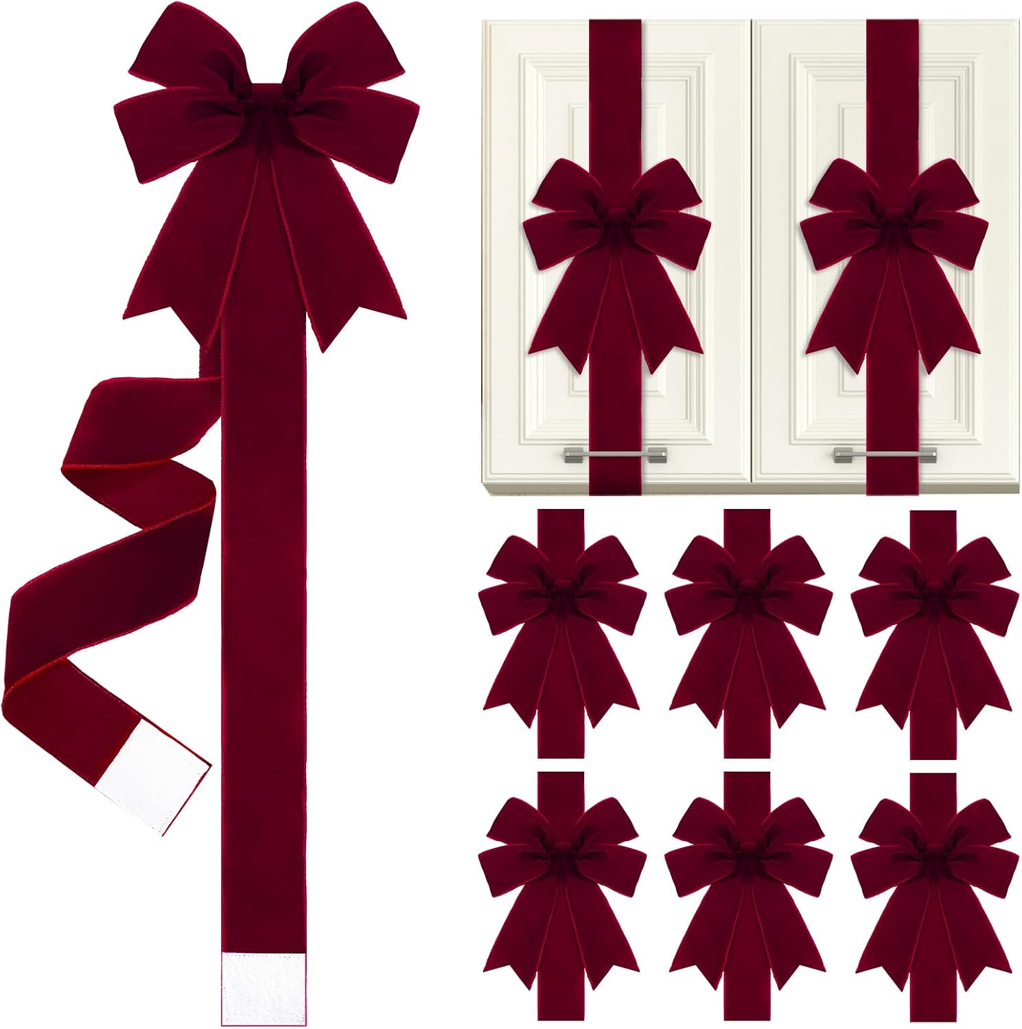6 Pcs Burgundy Velvet Christmas Cabinet Bows Ribbons