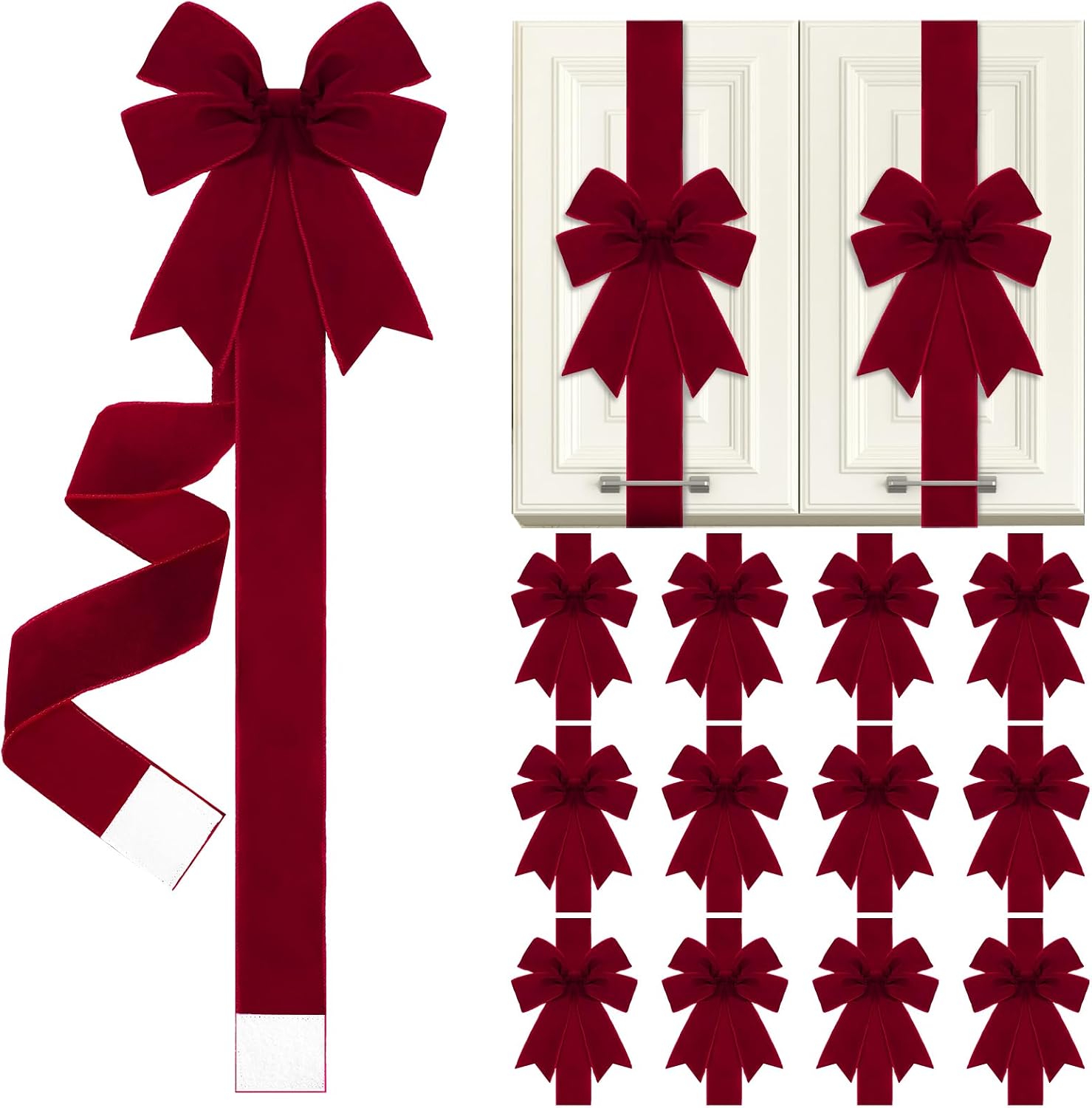 6 Pcs Burgundy Velvet Christmas Cabinet Bows Ribbons