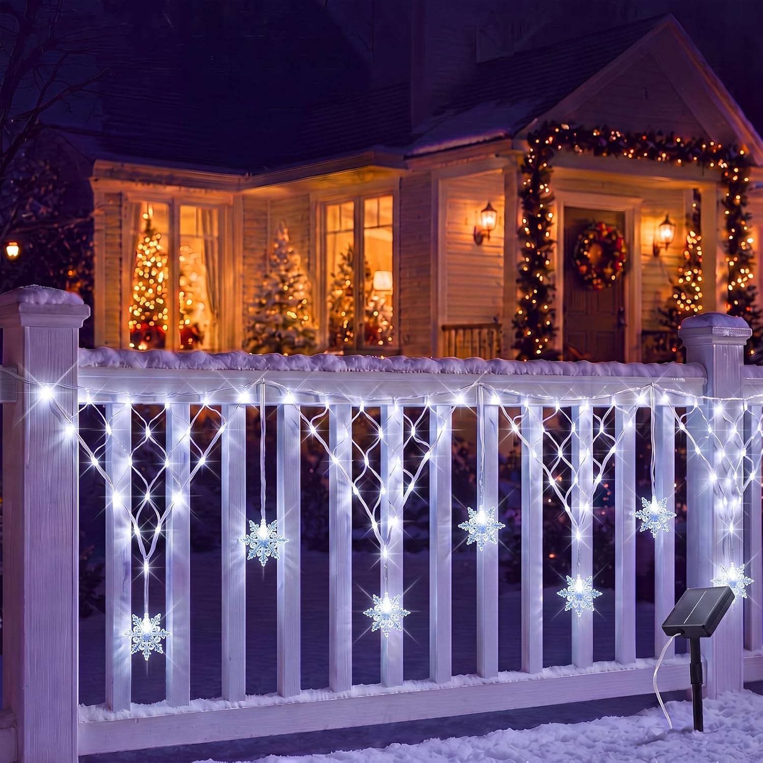 🎄2 Pcs 13ft Snowflake Christmas Net Outdoor Fence Lights, Cold White