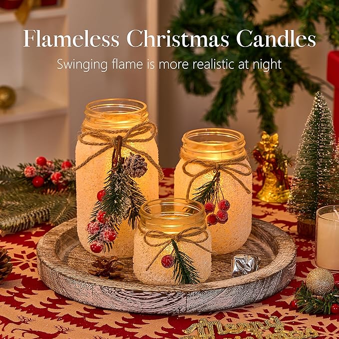 3 Mason Jars with Flameless Christmas Candles, Flowers | Christmas Table Centerpieces | Christmas Gifts