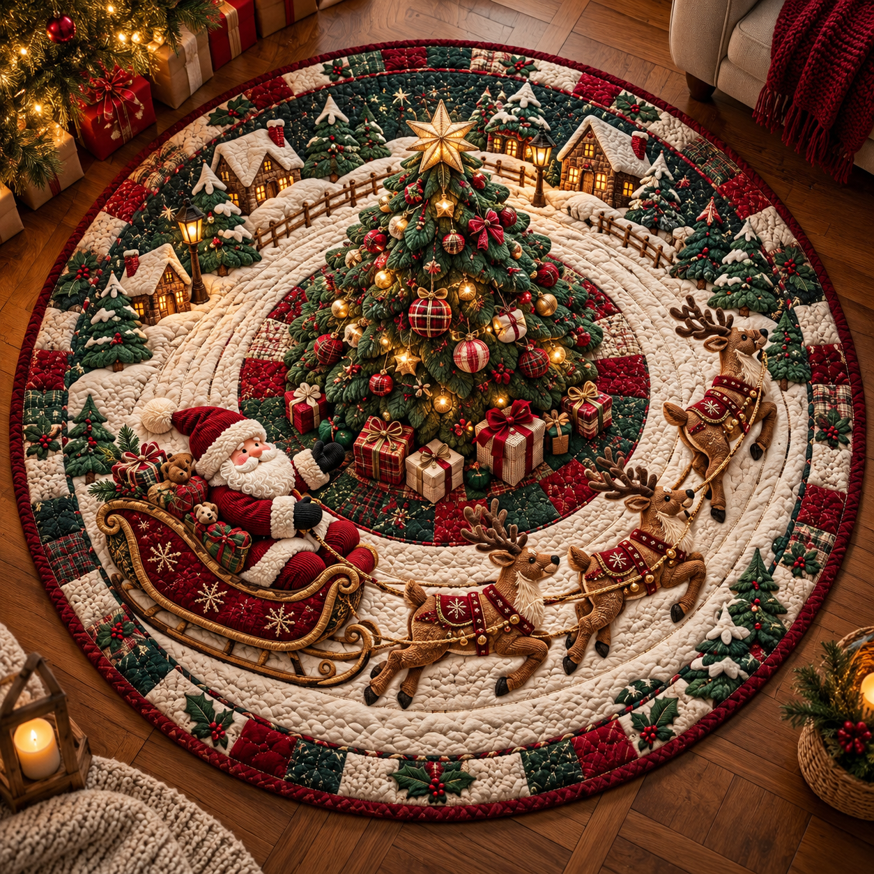 🔥HOT SALE🎄🎅3D Optical Illusion Vortex Quilted Round Christmas Rug