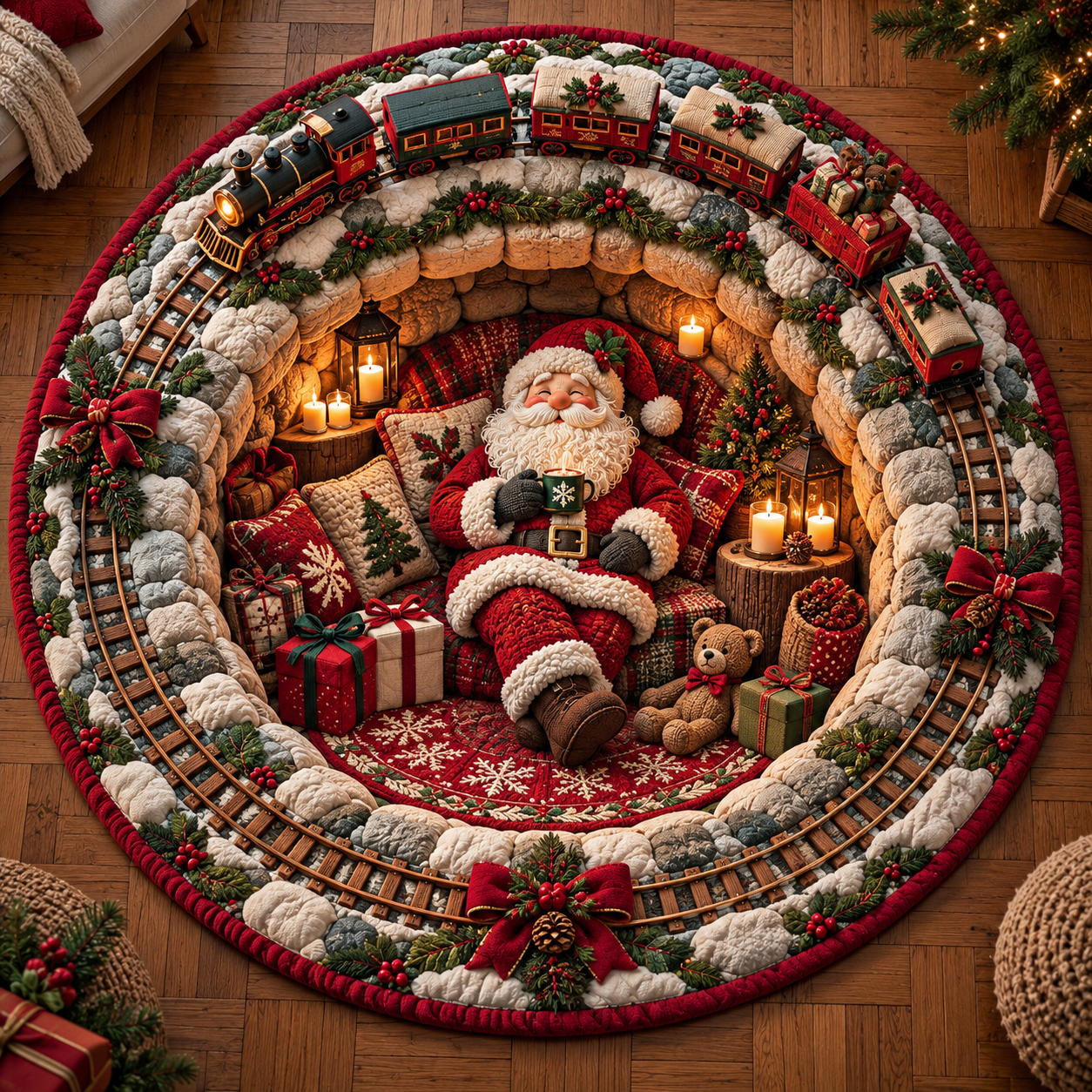 🔥HOT SALE🎄🎅3D Optical Illusion Vortex Quilted Round Christmas Rug