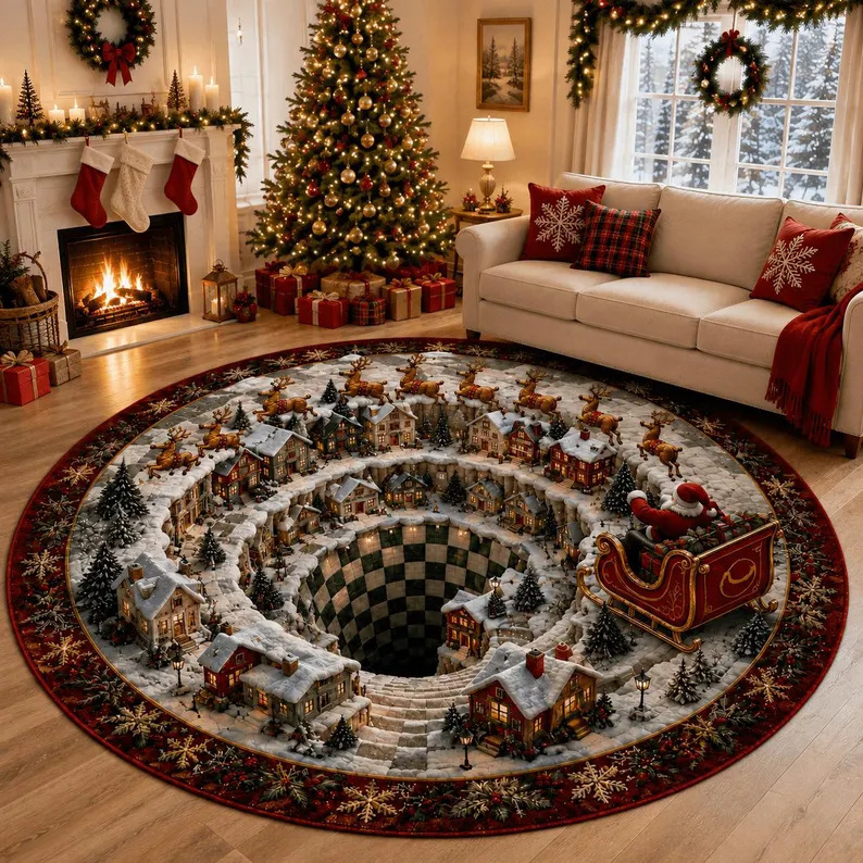 🔥HOT SALE🎄🎅3D Optical Illusion Vortex Quilted Round Christmas Rug