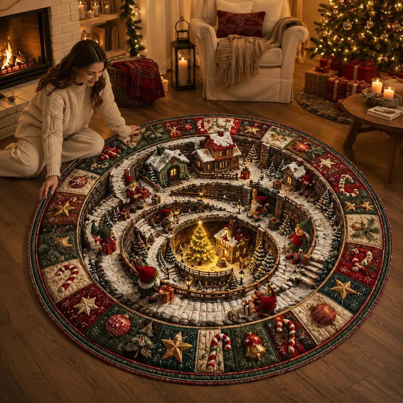🔥HOT SALE🎄🎅3D Optical Illusion Vortex Quilted Round Christmas Rug