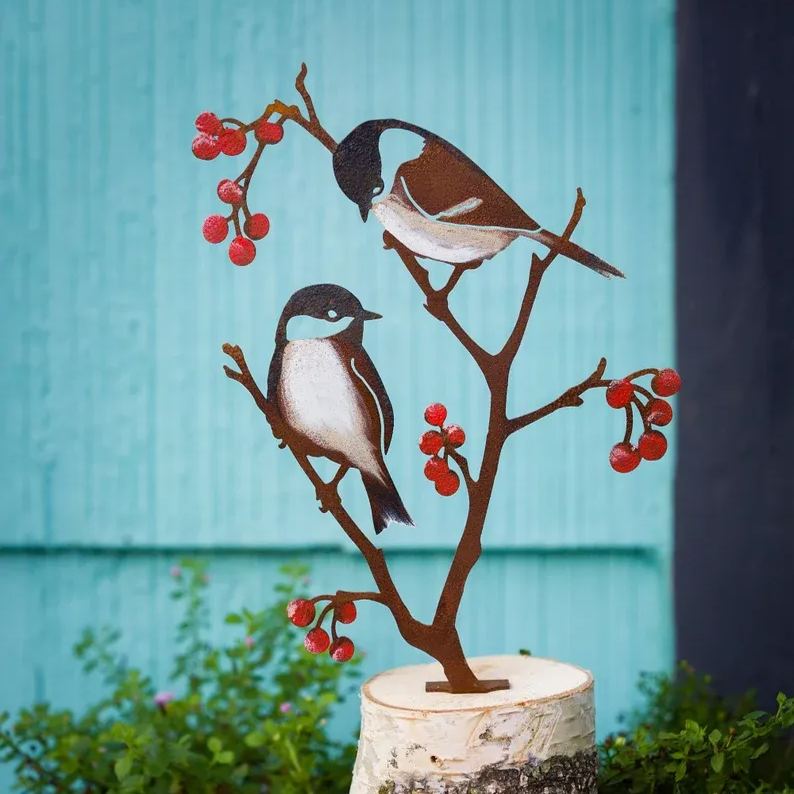 Chickadees and Berries - Stake Hand Painted