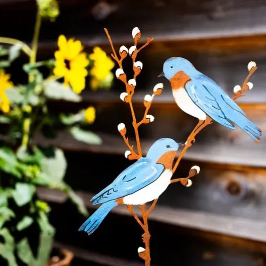 Hand Painted Metal Bluebirds on Spring Willow Garden Stake | Bluebirds Silhouette 