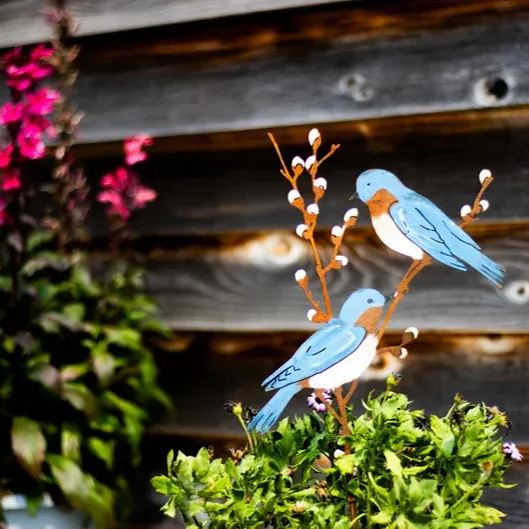 Hand Painted Metal Bluebirds on Spring Willow Garden Stake | Bluebirds Silhouette 