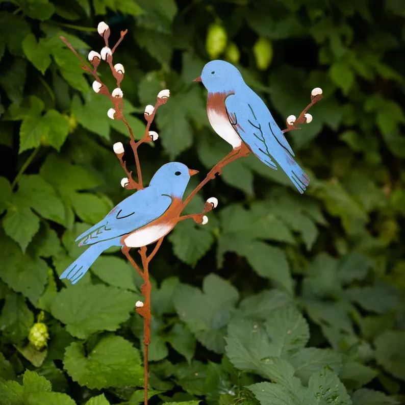 Hand Painted Metal Bluebirds on Spring Willow Garden Stake | Bluebirds Silhouette 