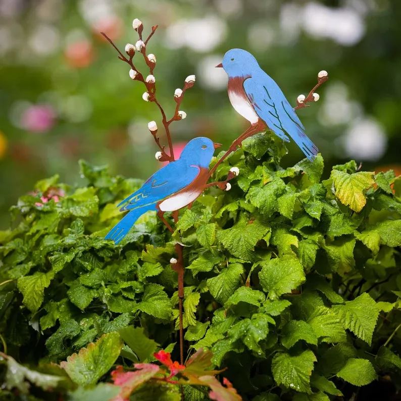 Hand Painted Metal Bluebirds on Spring Willow Garden Stake | Bluebirds Silhouette 
