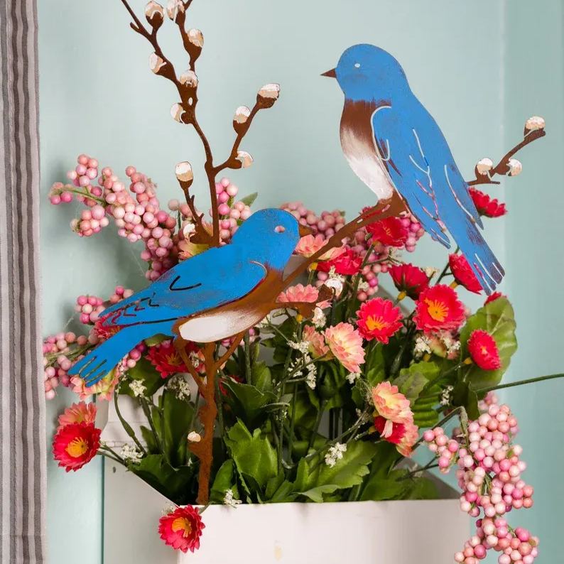 Hand Painted Metal Bluebirds on Spring Willow Garden Stake | Bluebirds Silhouette 