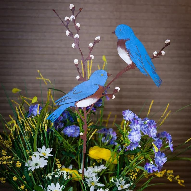 Hand Painted Metal Bluebirds on Spring Willow Garden Stake | Bluebirds Silhouette 
