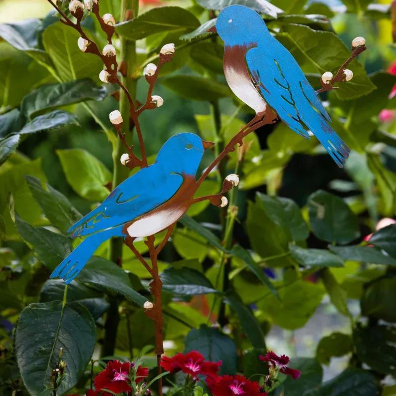 Hand Painted Metal Bluebirds on Spring Willow Garden Stake | Bluebirds Silhouette 