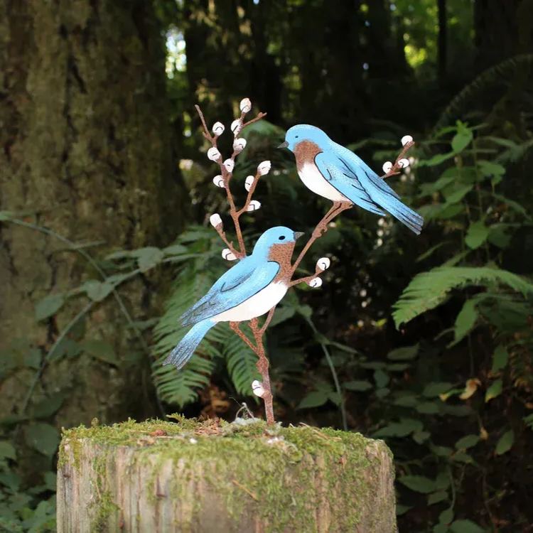 Metal Hand Painted Bluebirds on Spring Willow Garden Art 