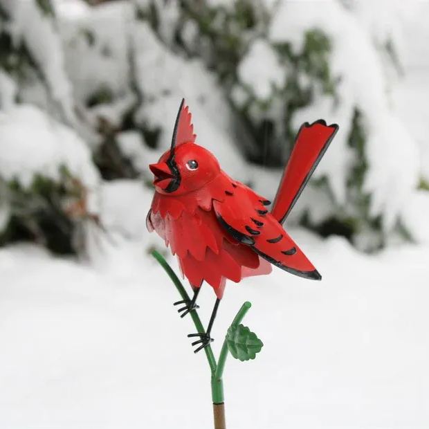 Goldfinch, Cardinal, Western Bluebird, Ruby-throated Hummingbird on a garden stake