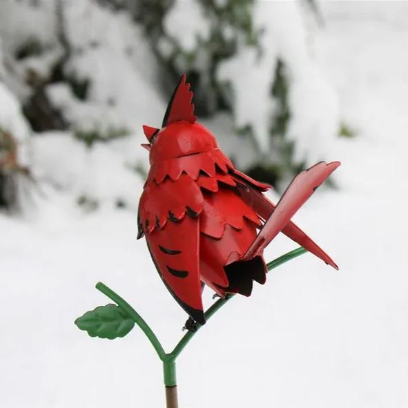 Goldfinch, Cardinal, Western Bluebird, Ruby-throated Hummingbird on a garden stake