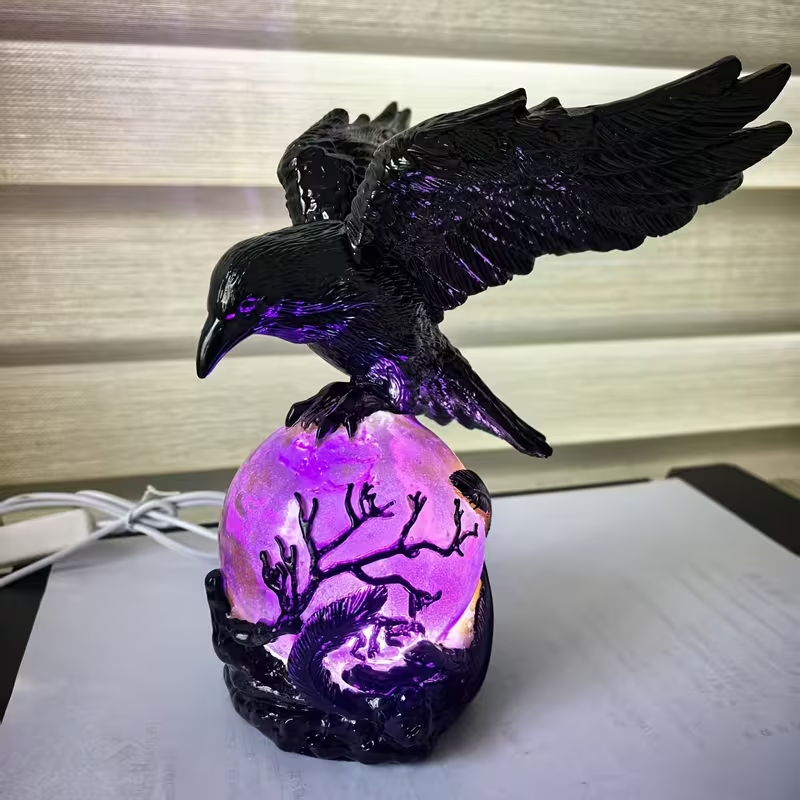 Last Day Up To 70% Off 🖤 Gothic LED Lamp, Mysterious Hollow Raven Sculpture With Glowing Orb, 3D Moonlight Lantern Decor For Gothic & Halloween Lovers