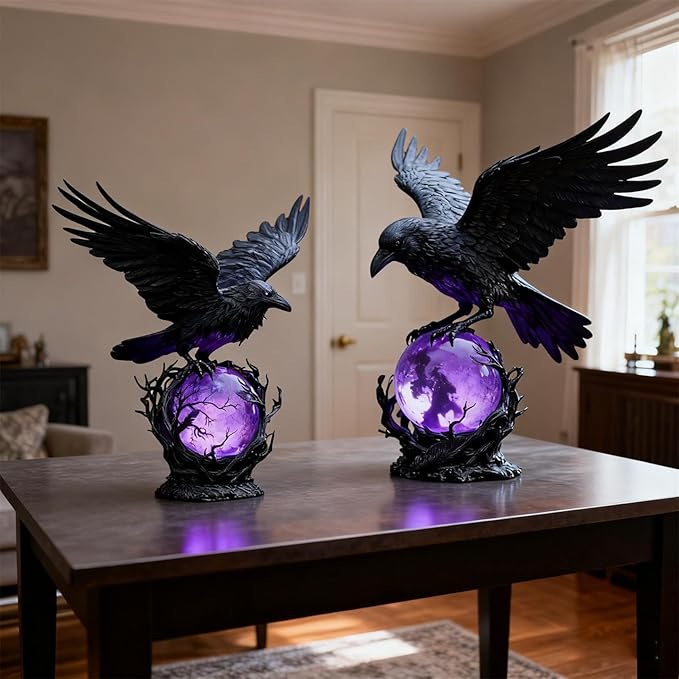 Last Day Up To 70% Off 🖤 Gothic LED Lamp, Mysterious Hollow Raven Sculpture With Glowing Orb, 3D Moonlight Lantern Decor For Gothic & Halloween Lovers