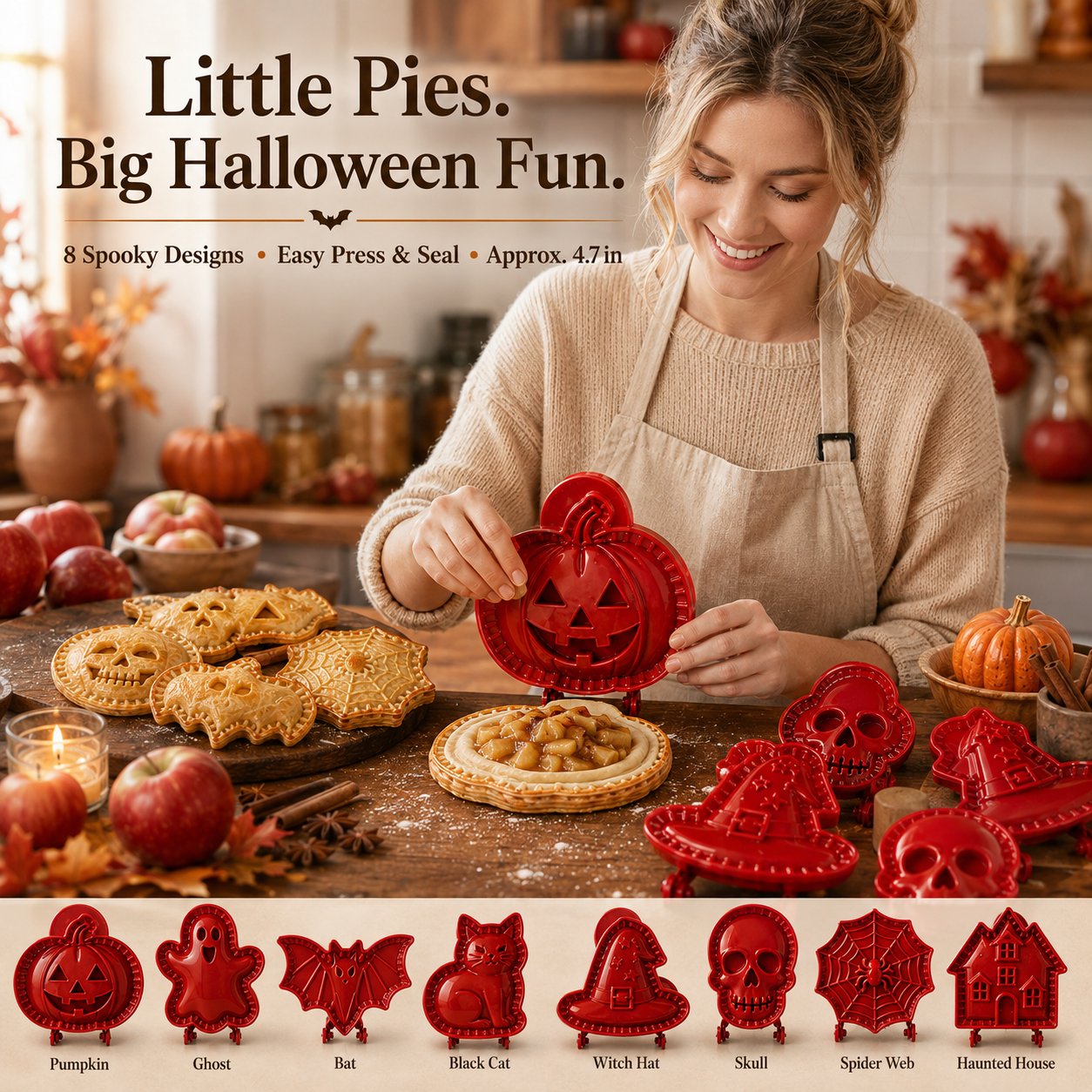 🔥LAST DAY 52% OFF🎃 Halloween Mini Pie Mold Set–8 Spooky Designs for Easy Festive Baking