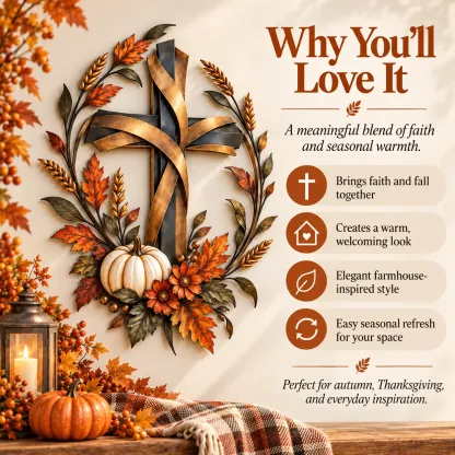 💥Last Day 70% OFF✝️🍂 Autumn Cross & Pumpkin Harvest Metal Wall Decor