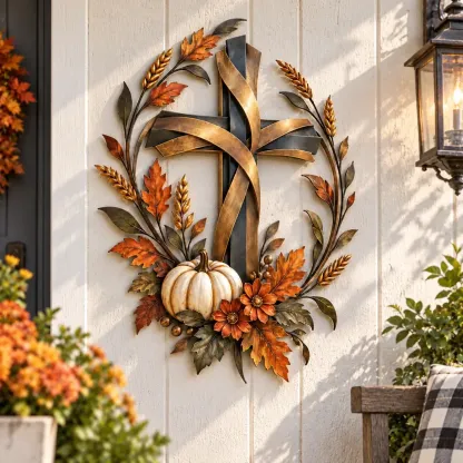 💥Last Day 70% OFF✝️🍂 Autumn Cross & Pumpkin Harvest Metal Wall Decor