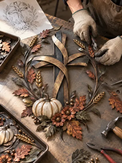 💥Last Day 70% OFF✝️🍂 Autumn Cross & Pumpkin Harvest Metal Wall Decor