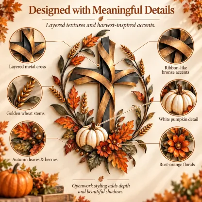 💥Last Day 70% OFF✝️🍂 Autumn Cross & Pumpkin Harvest Metal Wall Decor