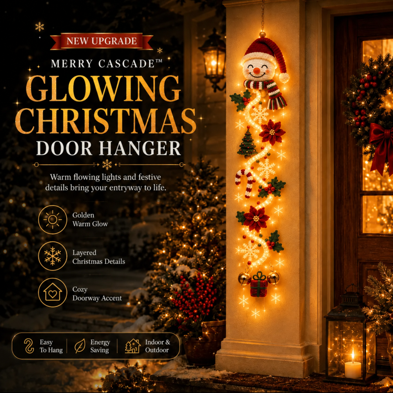 ⏳ Last Day 49% OFF – 🎄MerryCascade™ Glowing Christmas Door Hanger | 6 Festive Lighted Designs with Warm Glow, Dimensional Details & Space-Saving Vertical Décor ✨