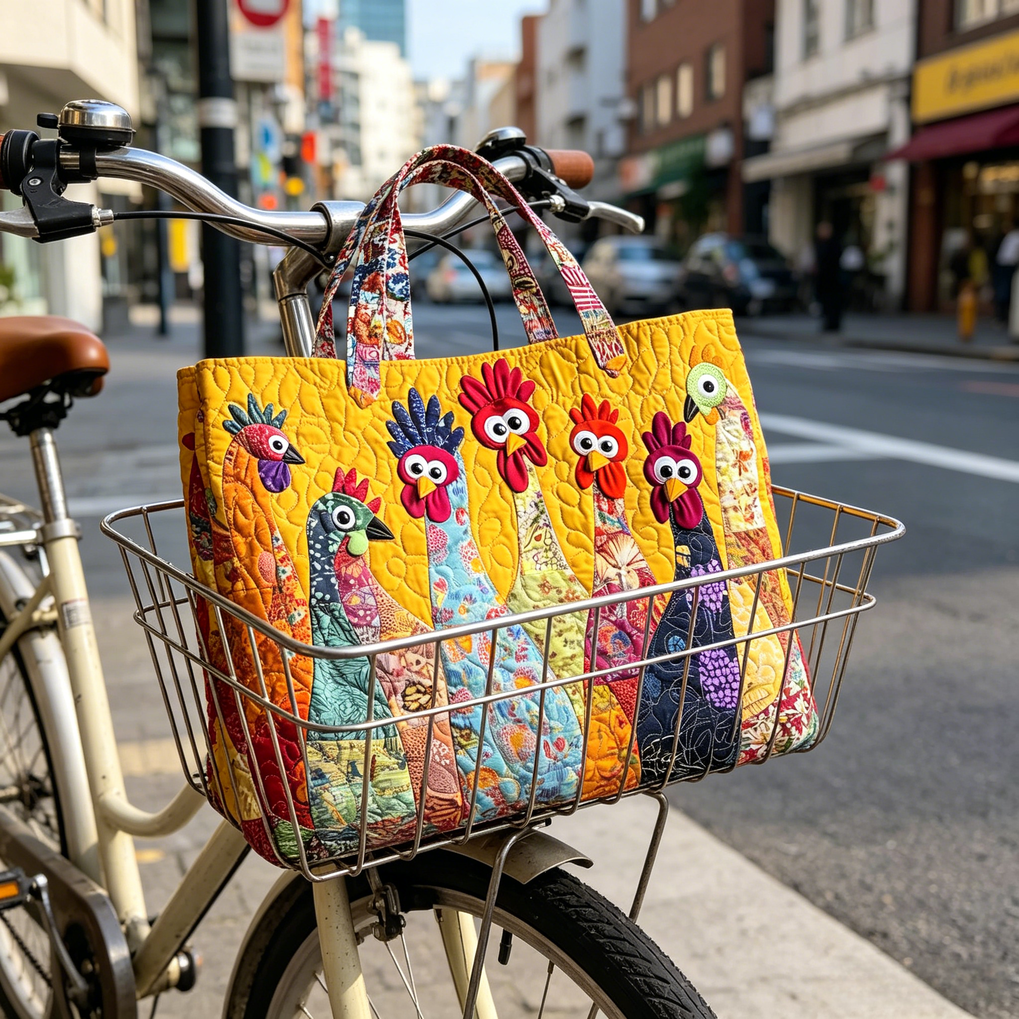 Chorus of Colorful Feathers — 3D Patchwork Chicken Quilted Tote Bag ✨