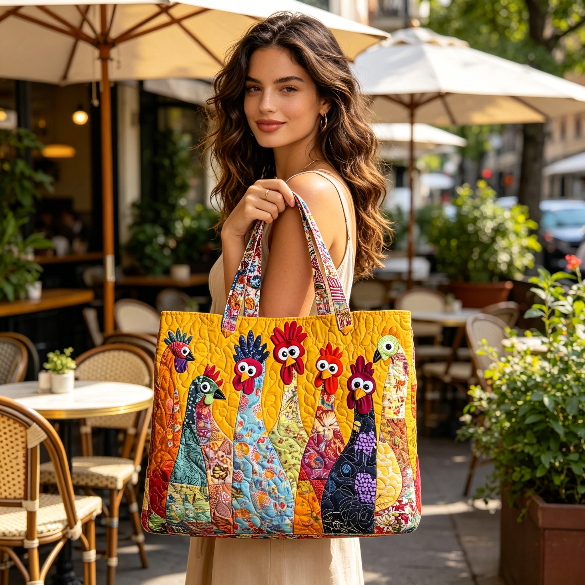 Chorus of Colorful Feathers — 3D Patchwork Chicken Quilted Tote Bag ✨