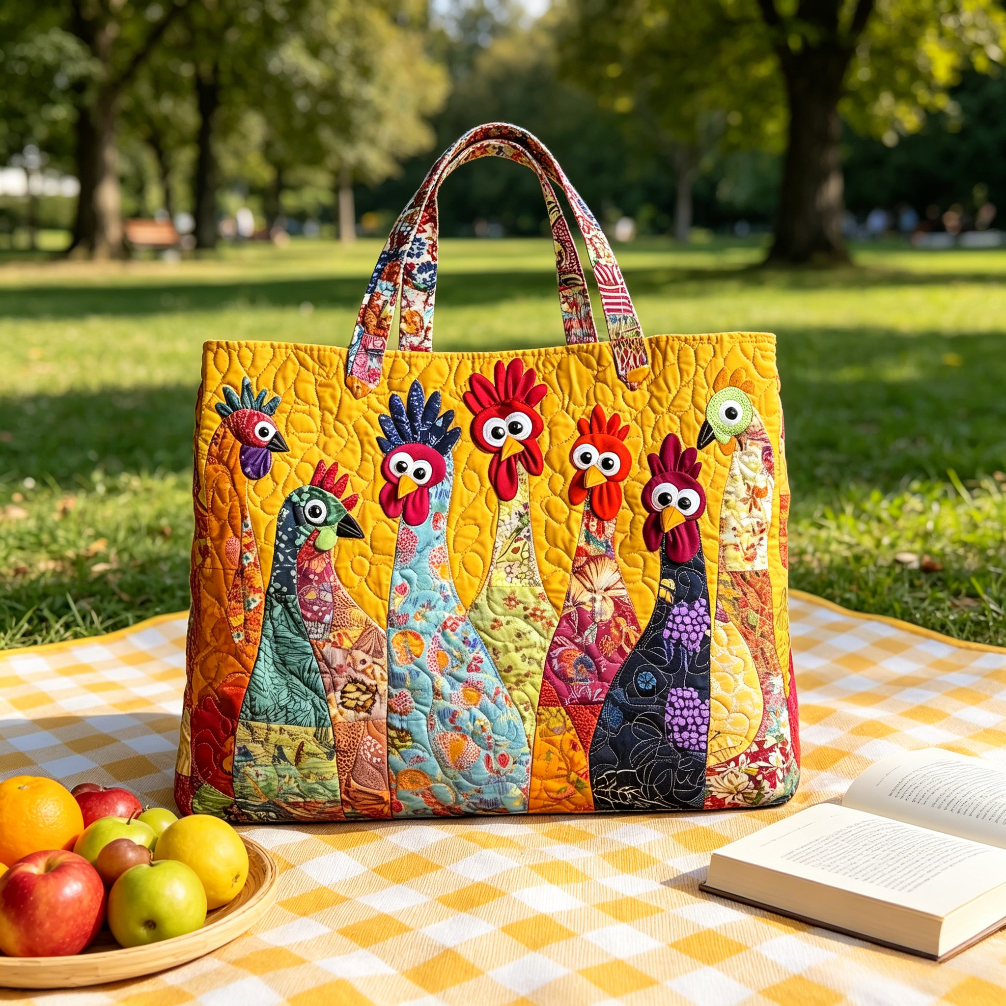 Chorus of Colorful Feathers — 3D Patchwork Chicken Quilted Tote Bag ✨