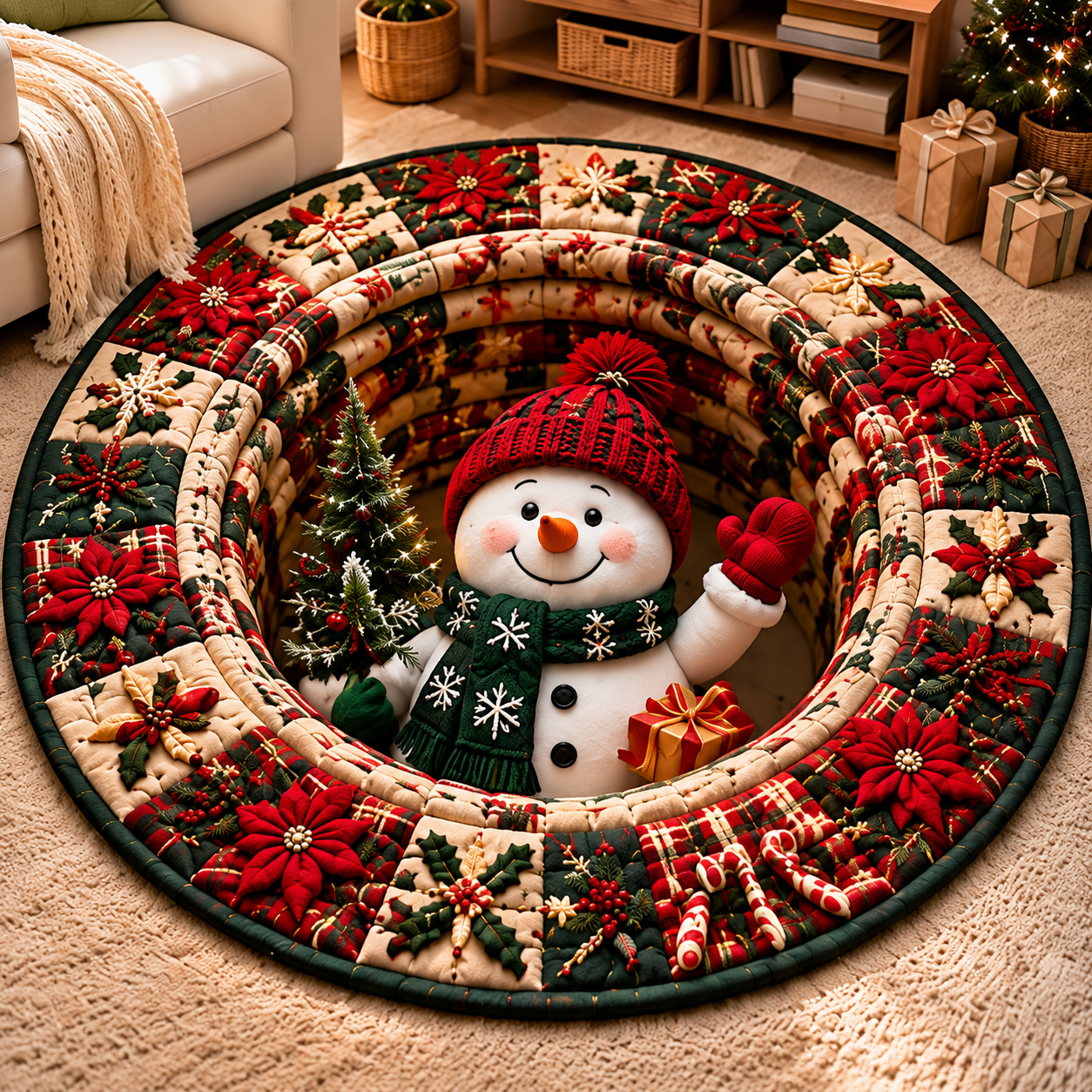 Snowman wearing a red hat Quilted Round Mat