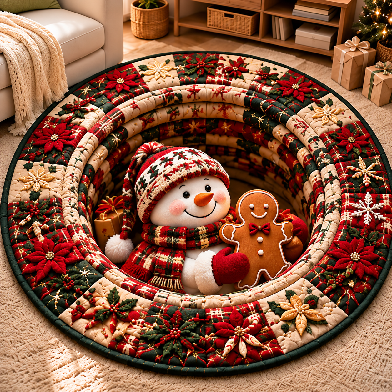 A snowman holding a gingerbread man Quilted Round Mat