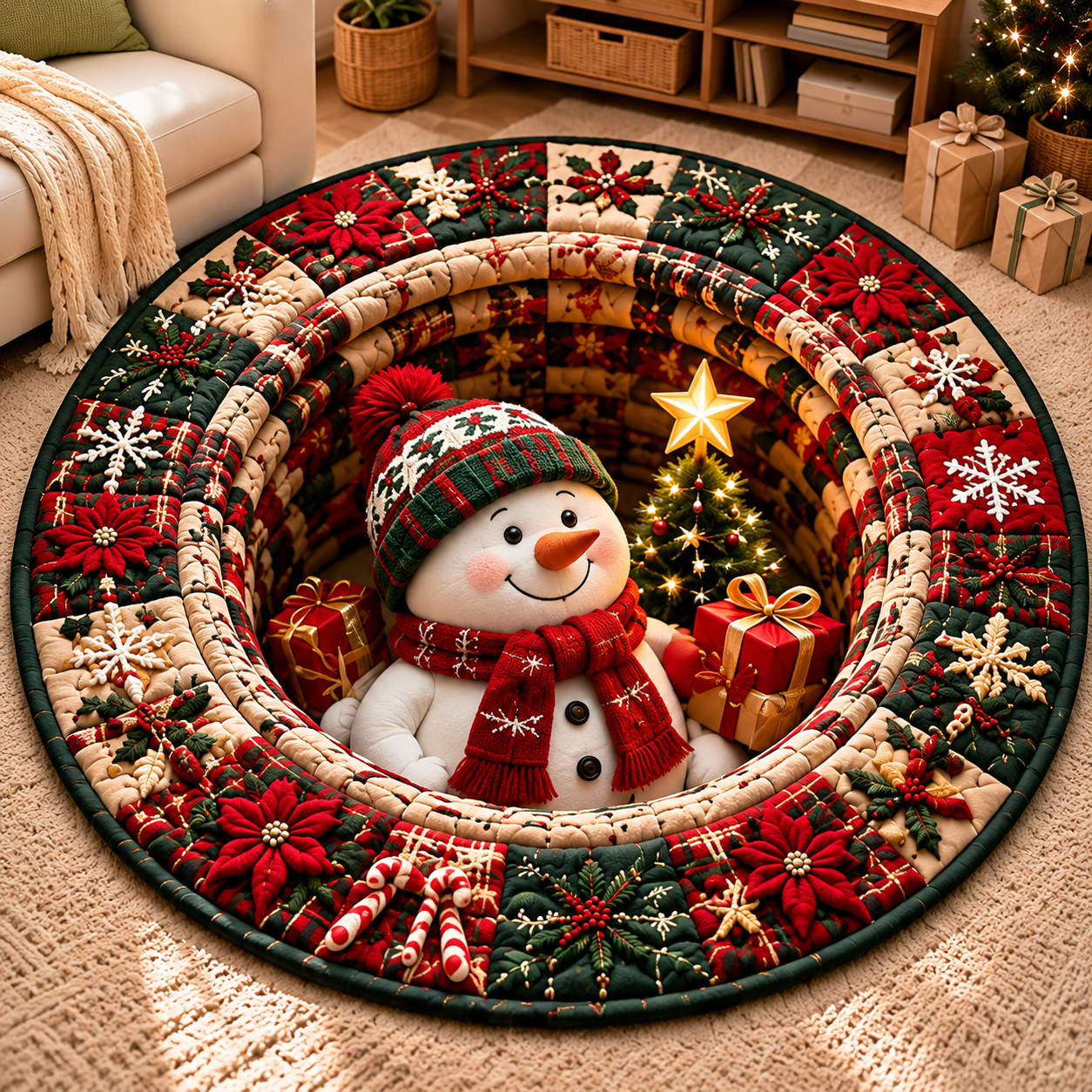 A snowman holding a gift Quilted Round Mat
