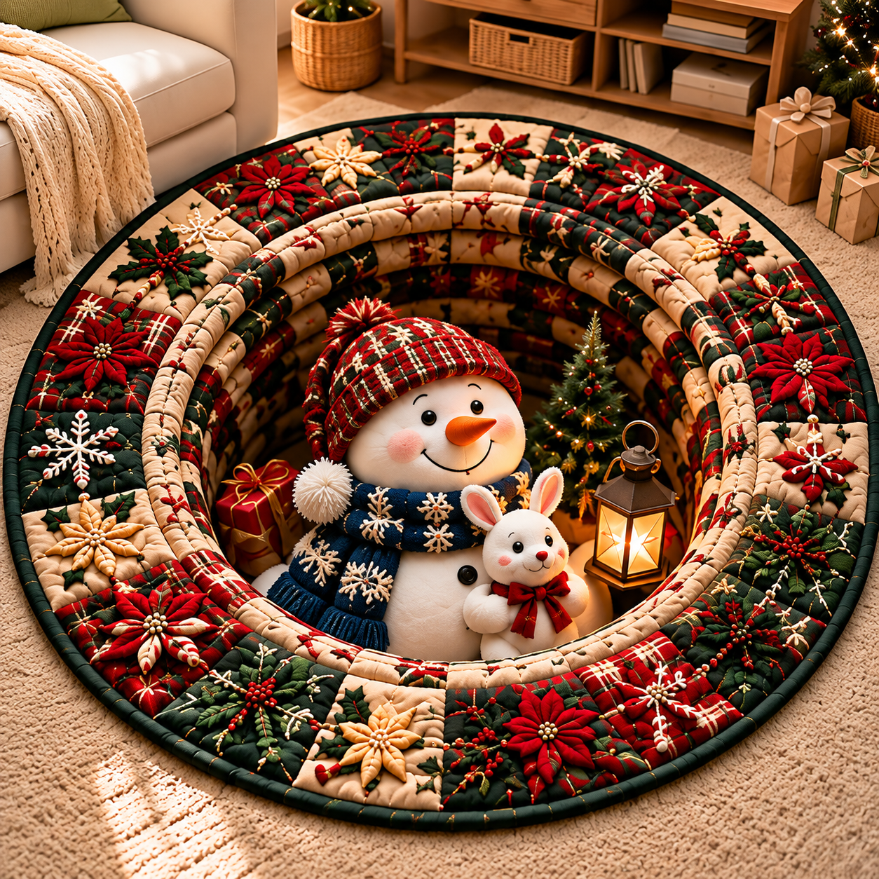A snowman holding a rabbit Quilted Round Mat