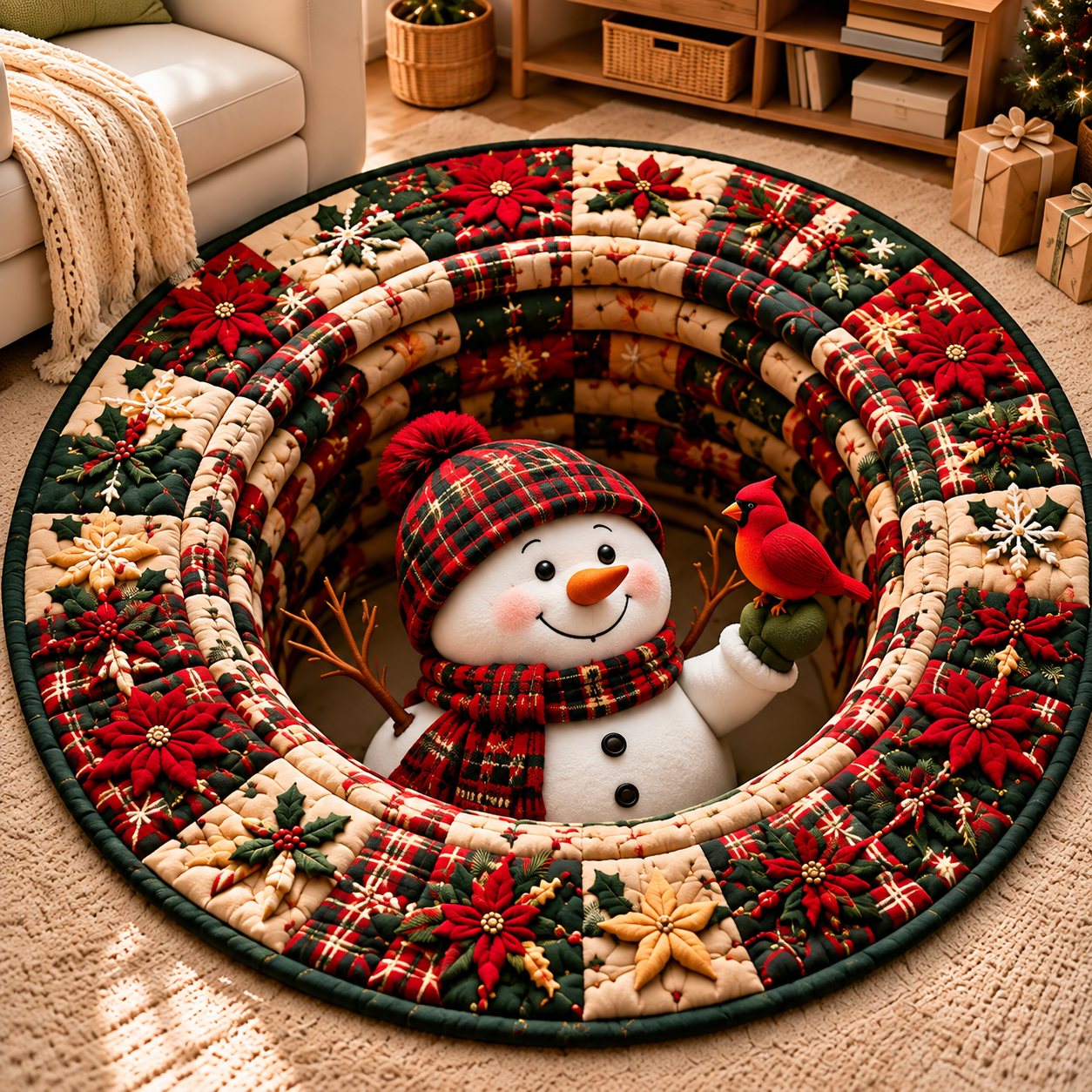 Holding up the Red-Robed Leader's snowman Quilted Round Mat