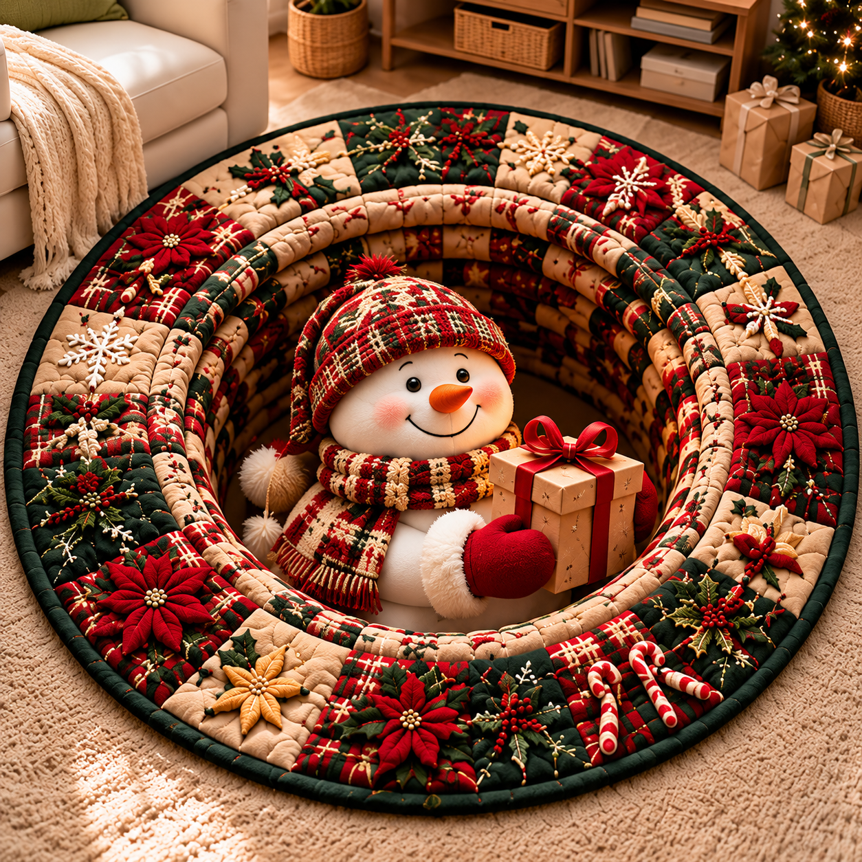 A snowman holding a gift Quilted Round Mat