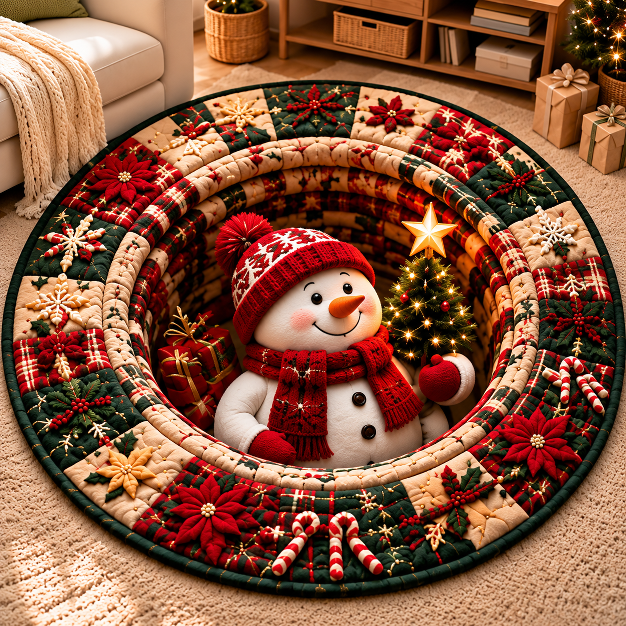 A snowman holding a Christmas tree Quilted Round Mat