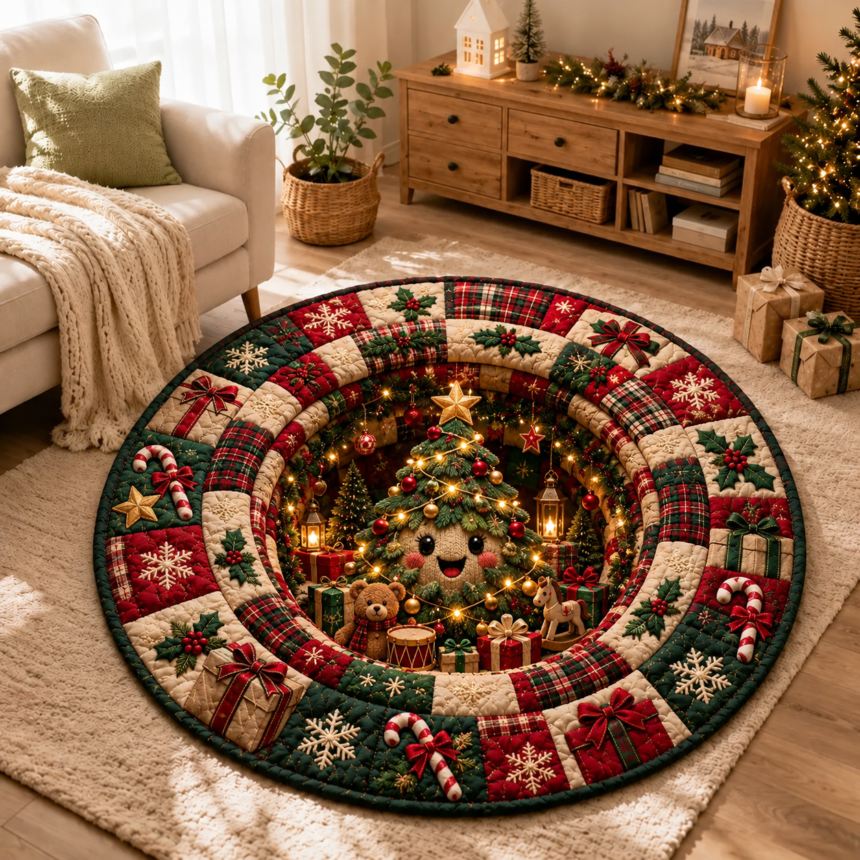 A Christmas tree amidst a pile of gifts Quilted Round Mat
