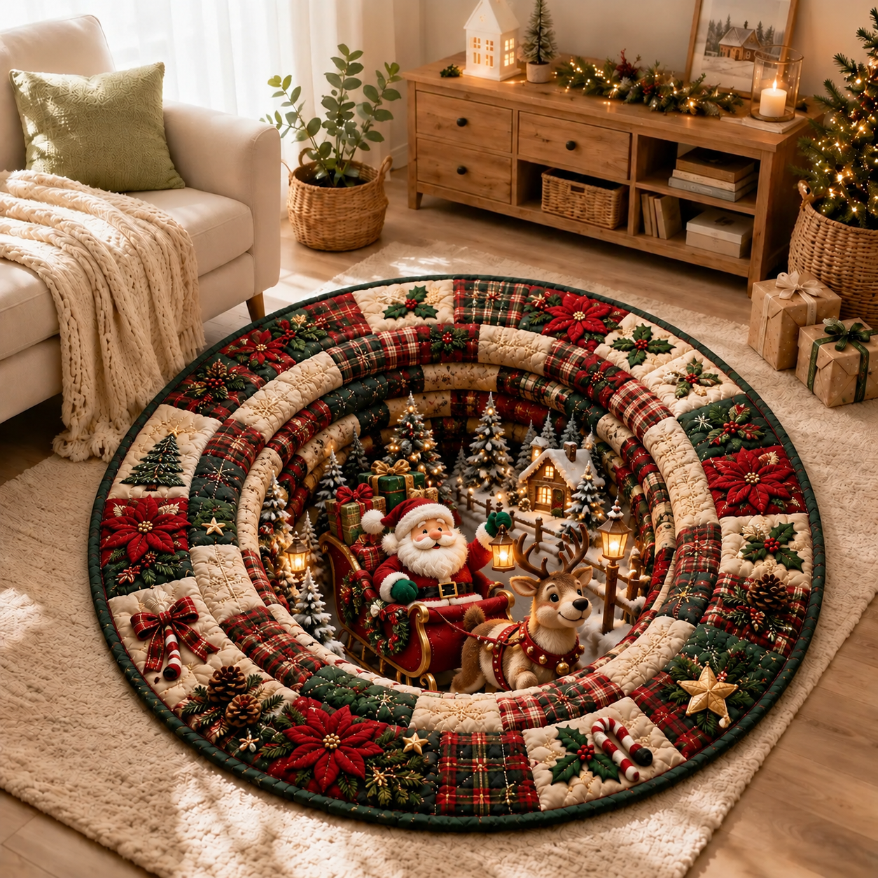 Santa Claus's Christmas Sleigh Quilted Round Mat